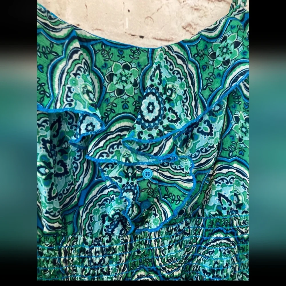 Maxi Dress Womens L Teal Green Medallion Print Ruffle Full Length Sleeve… - Picture 8 of 8